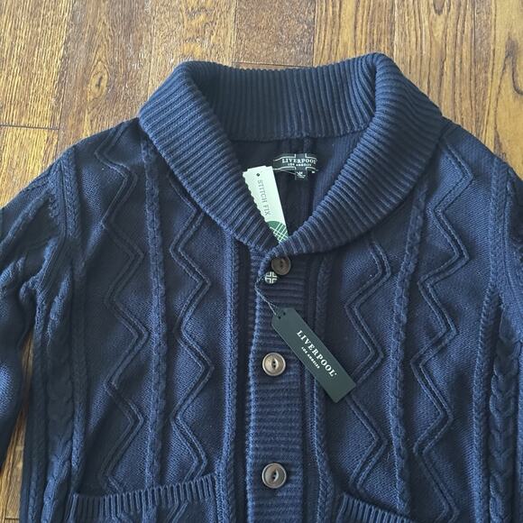 New Liverpool Mens Medium Cable Shawl Collar Cardigan Fisherman Navy Sweater - Picture 9 of 16